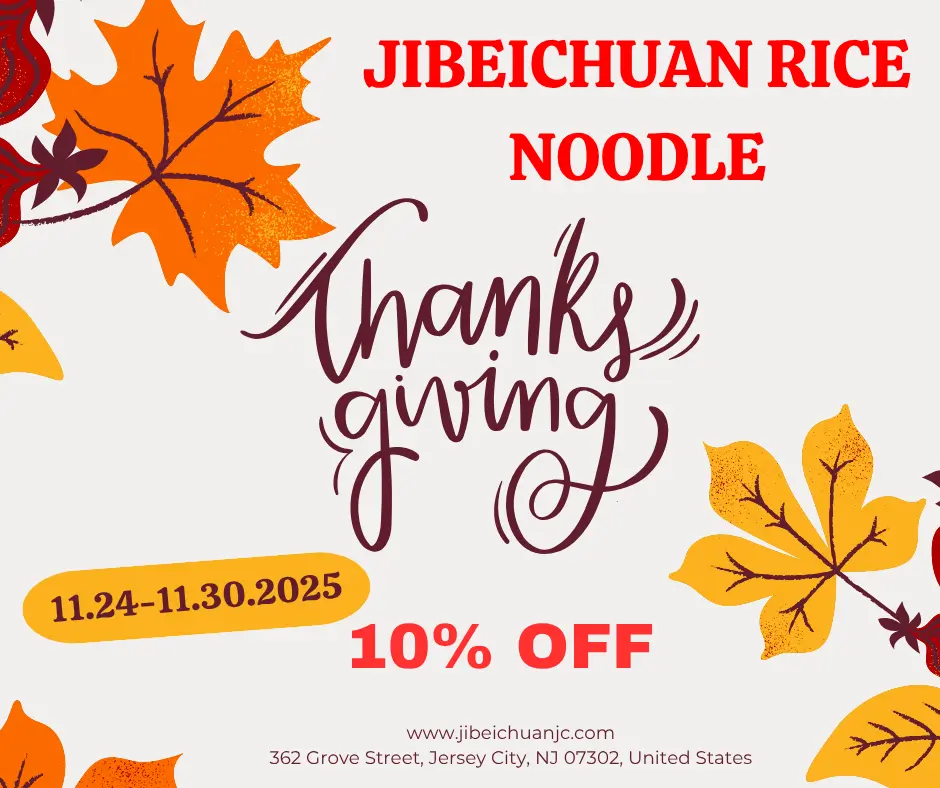 Thanksgiving promotion poster for Jibeichuan Rice Noodle, featuring autumn leaves, text 